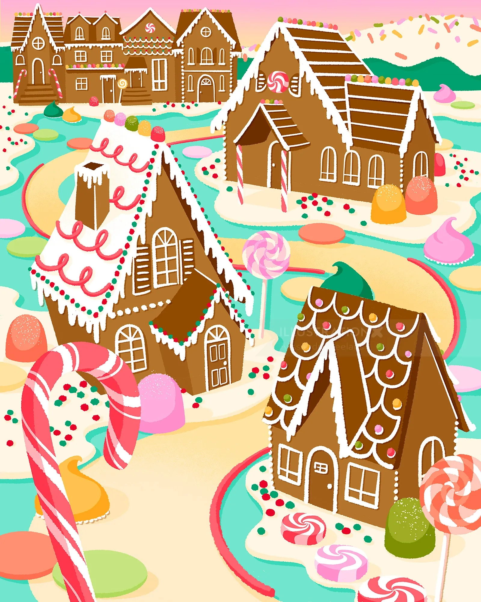 Colorful gingerbread houses decorated with candy in a festive village