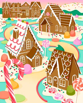 Colorful gingerbread houses decorated with candy in a festive village