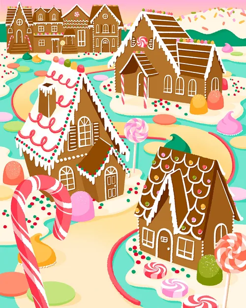 Colorful gingerbread houses decorated with candy in a festive village