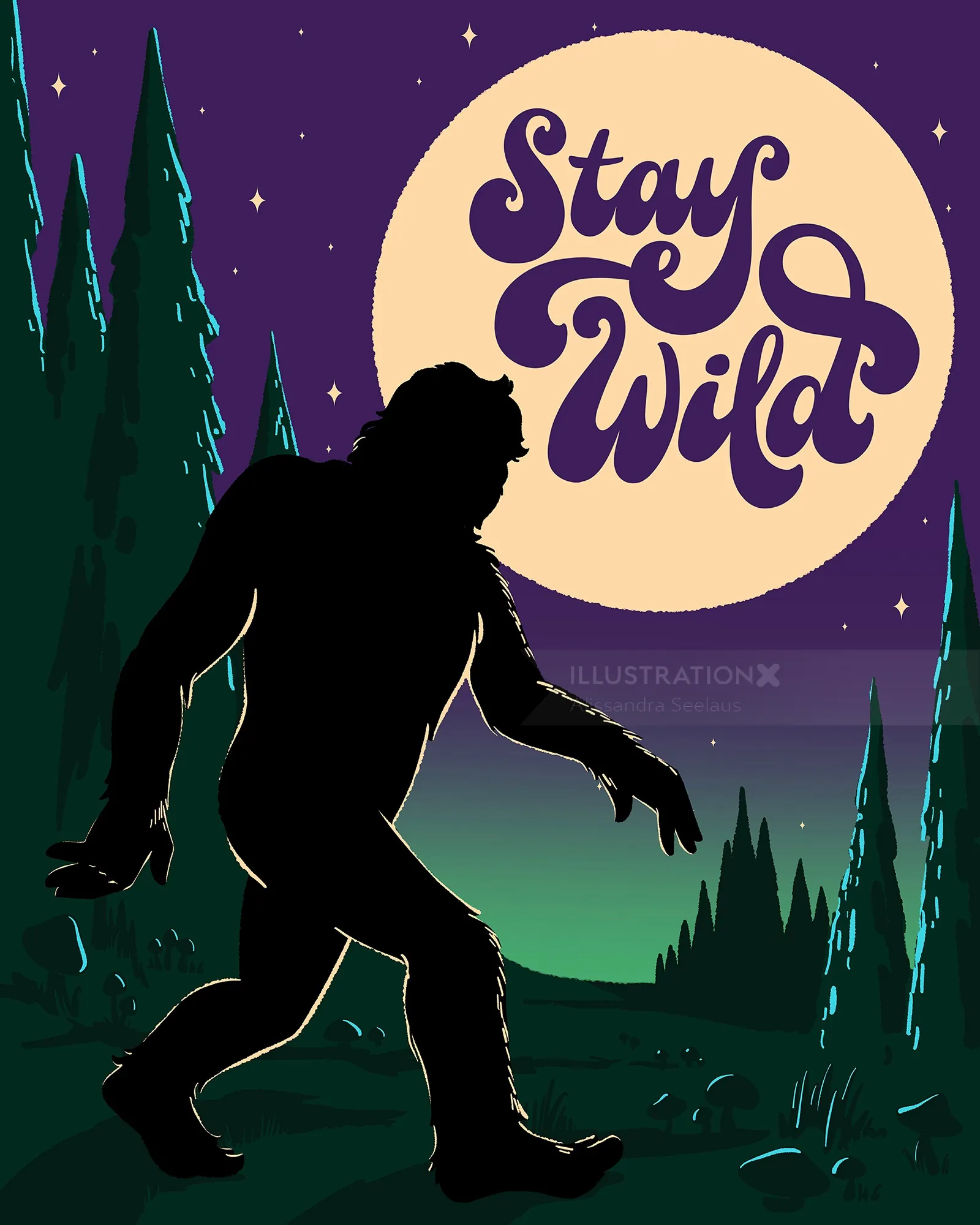 Bigfoot silhouette walking in forest under full moon with Stay Wild text