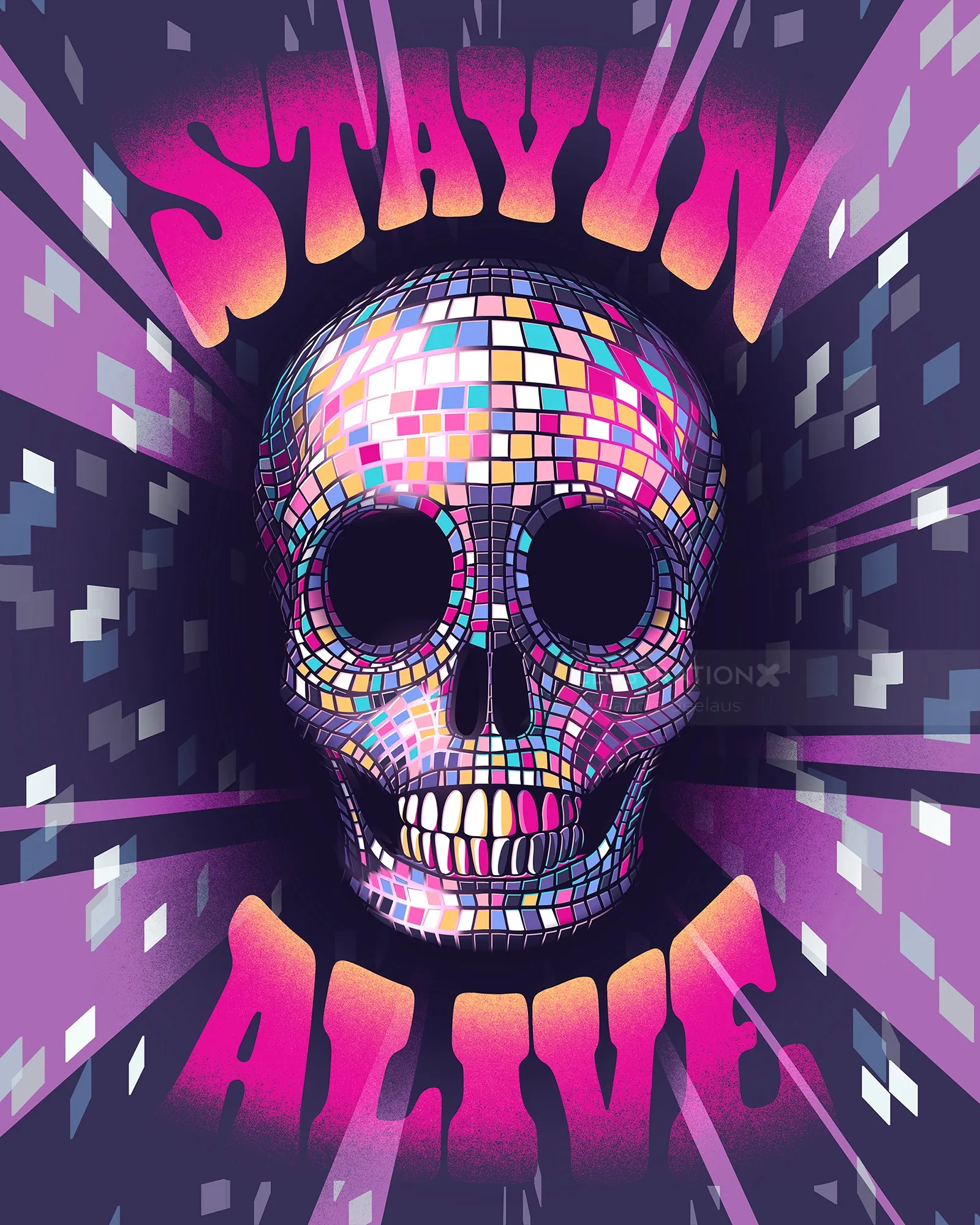 Neon disco skull with Stayin Alive text on colorful pixel background