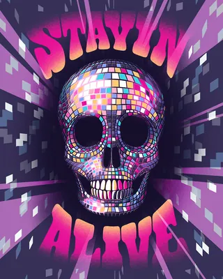 Neon disco skull with Stayin Alive text on colorful pixel background