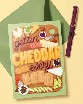 Charcuterie board birthday card with cheese and snacks illustration