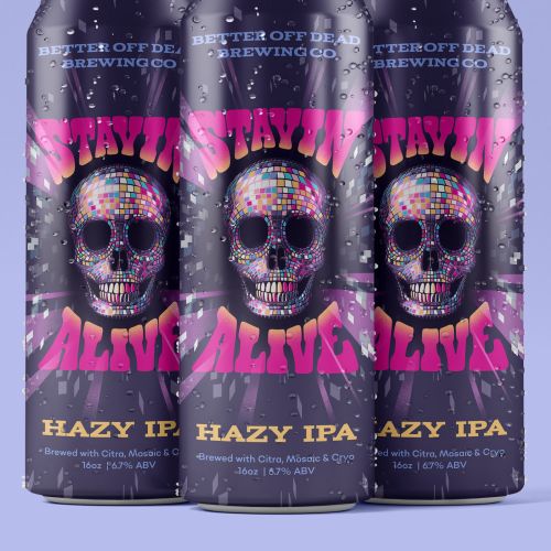 Three Stayin' Alive Hazy IPA beer cans with skull artwork