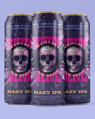 Three Stayin' Alive Hazy IPA beer cans with skull artwork