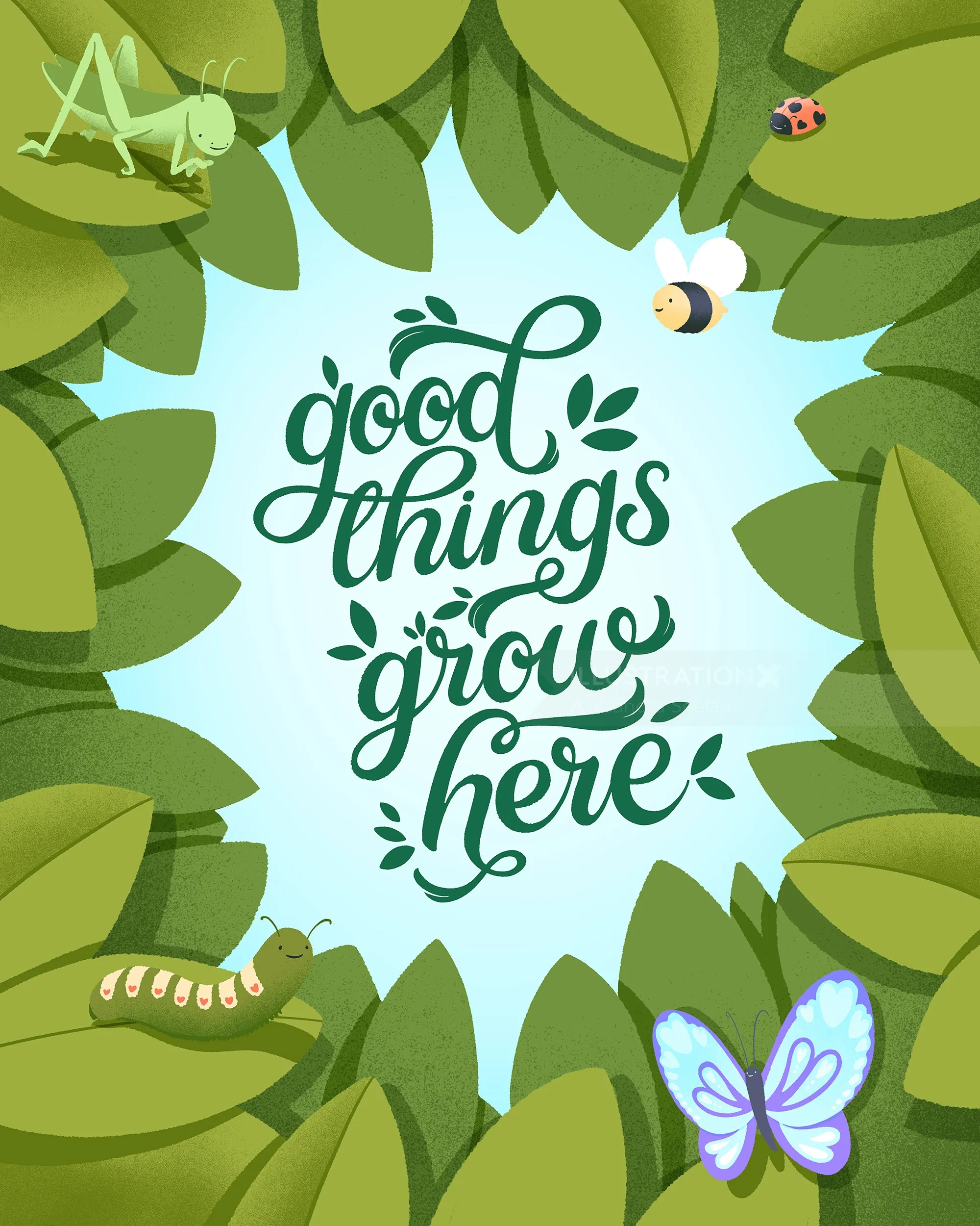 Green leaves surround 'good things grow here' with insects and butterfly
