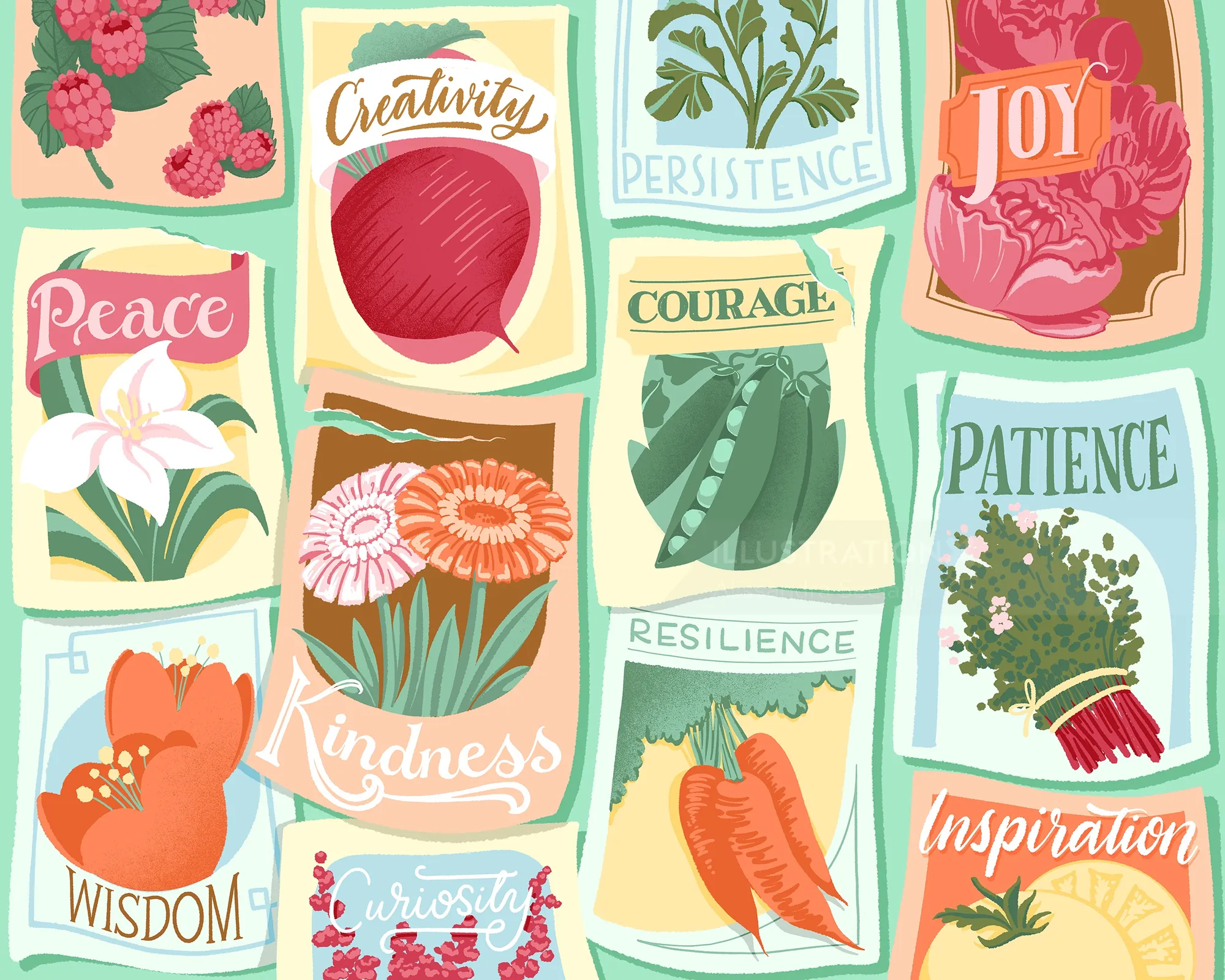 Illustrated seed packets with positive words like peace and joy