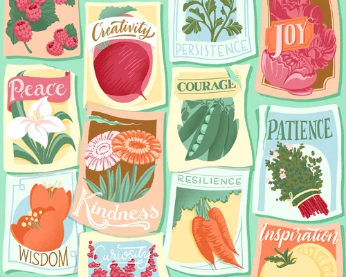 Illustrated seed packets with positive words like peace and joy