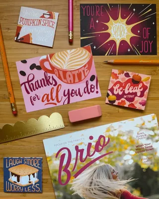Hand-lettered notecards and postcards with autumn themes for Brio magazine