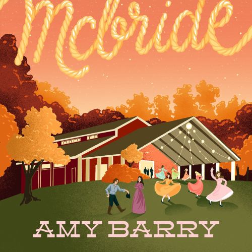 Romantic western scene with dancers outside a barn at sunset