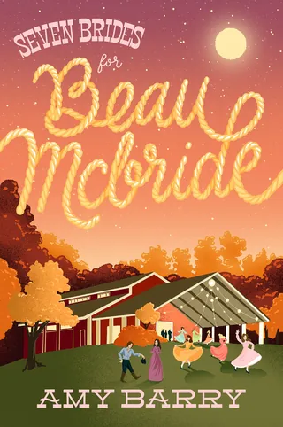 Romantic western scene with dancers outside a barn at sunset