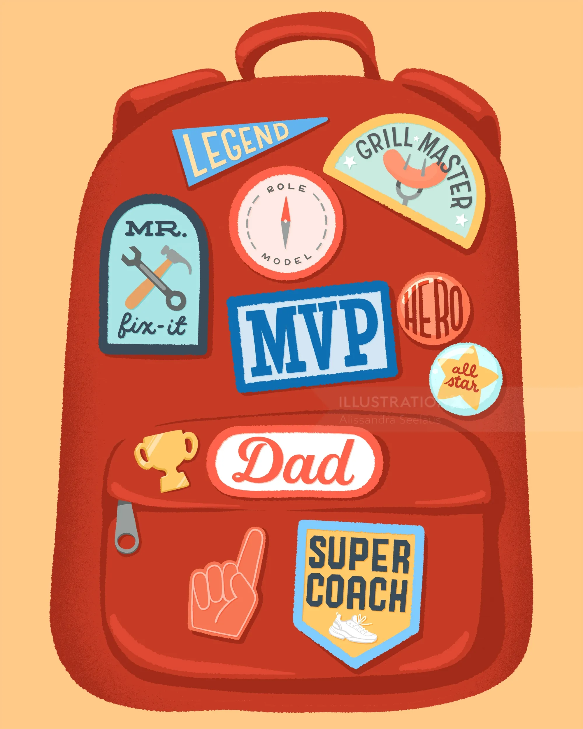 Red backpack with dad role patches like MVP, grill master, and super coach