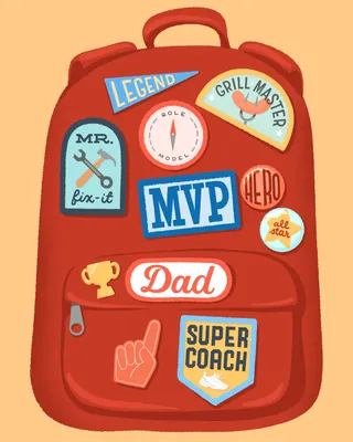 Red backpack with dad role patches like MVP, grill master, and super coach