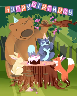 Forest animals celebrating a birthday with cake and party hats