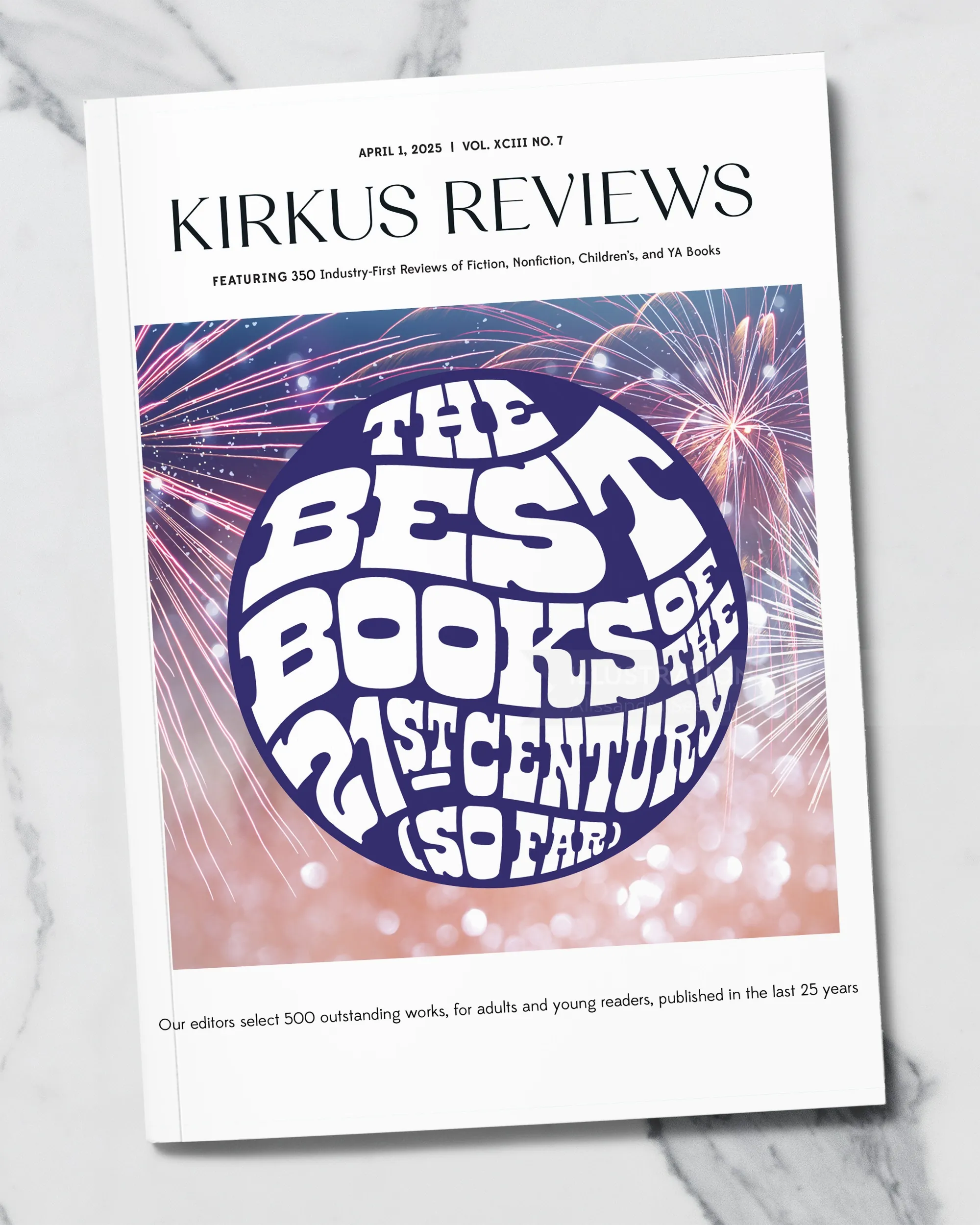 Kirkus Reviews magazine cover with hand-lettered book theme