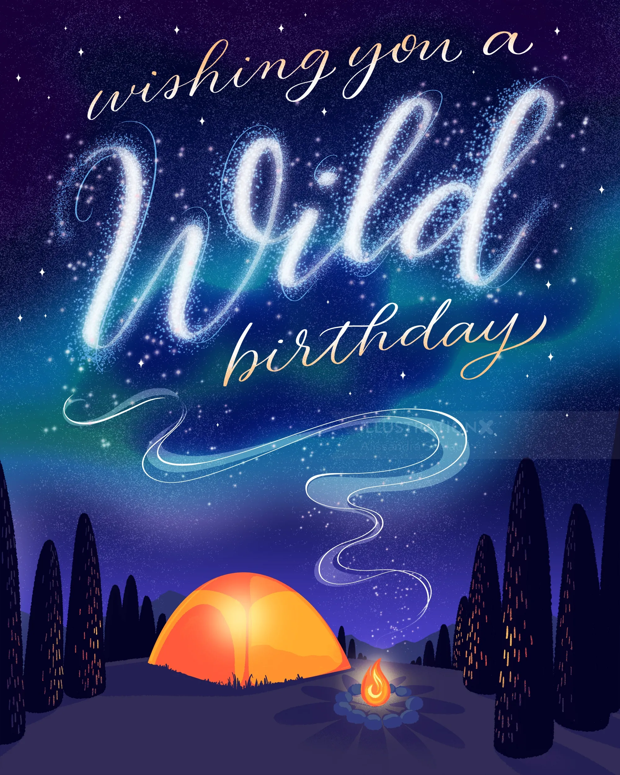 Birthday greeting card with Northern Lights and campfire scene
