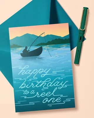 Hand-lettered birthday card with fishing scene and pun