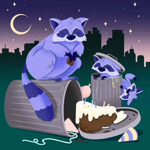 Three raccoons eating birthday cake near trash cans at night
