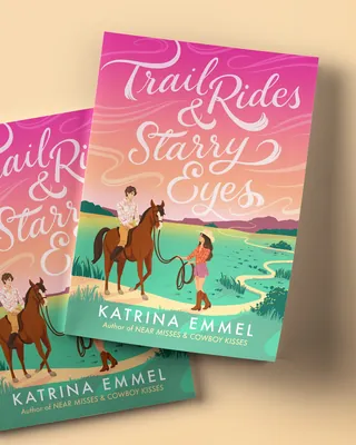 Book cover with a girl and a boy on horseback at sunset