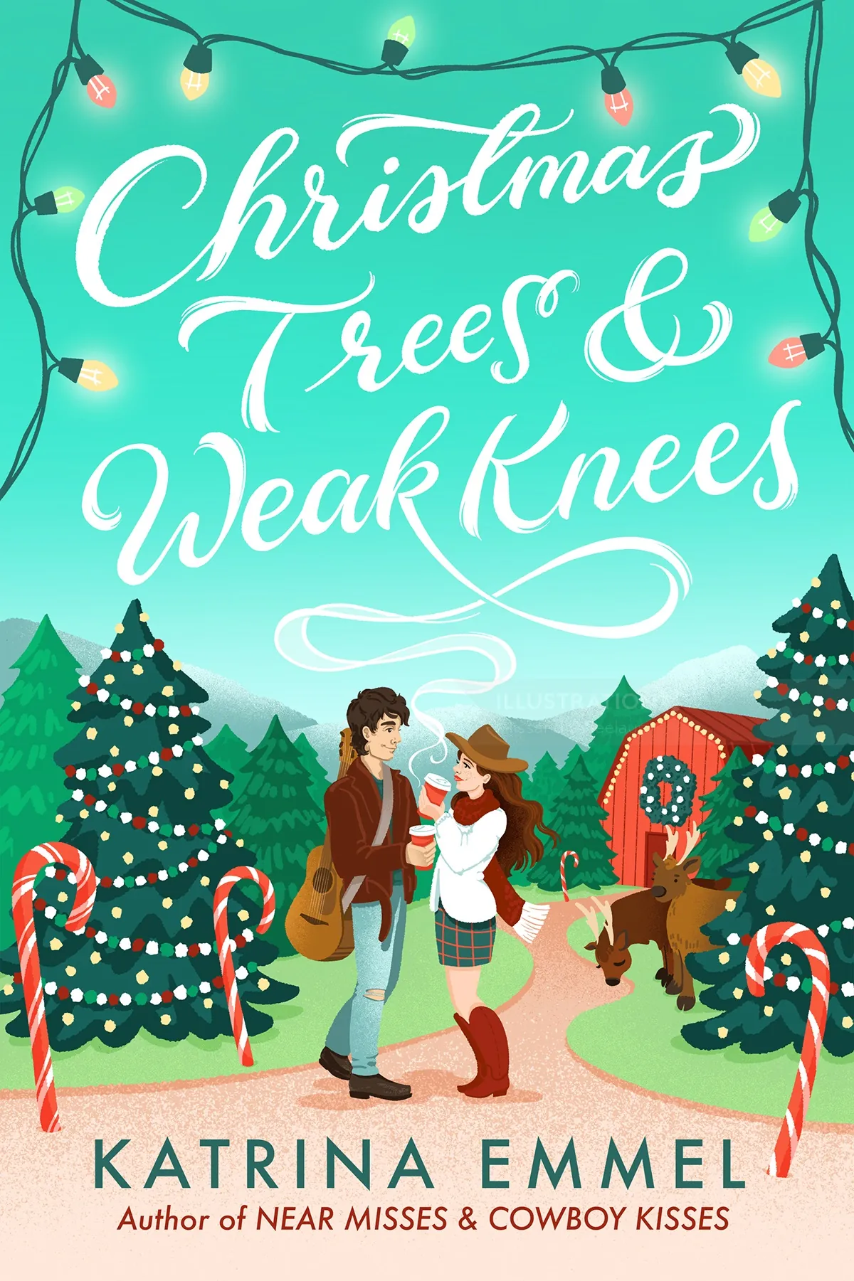 Romantic couple near decorated Christmas trees and candy canes, by Alissandra Seelaus