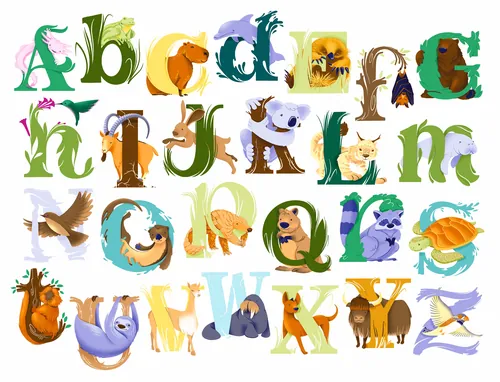 Alissandra Seelausによる、メキシコサンショウウオやカピバラなどの珍しい動物をモチーフにした手書きアルファベット