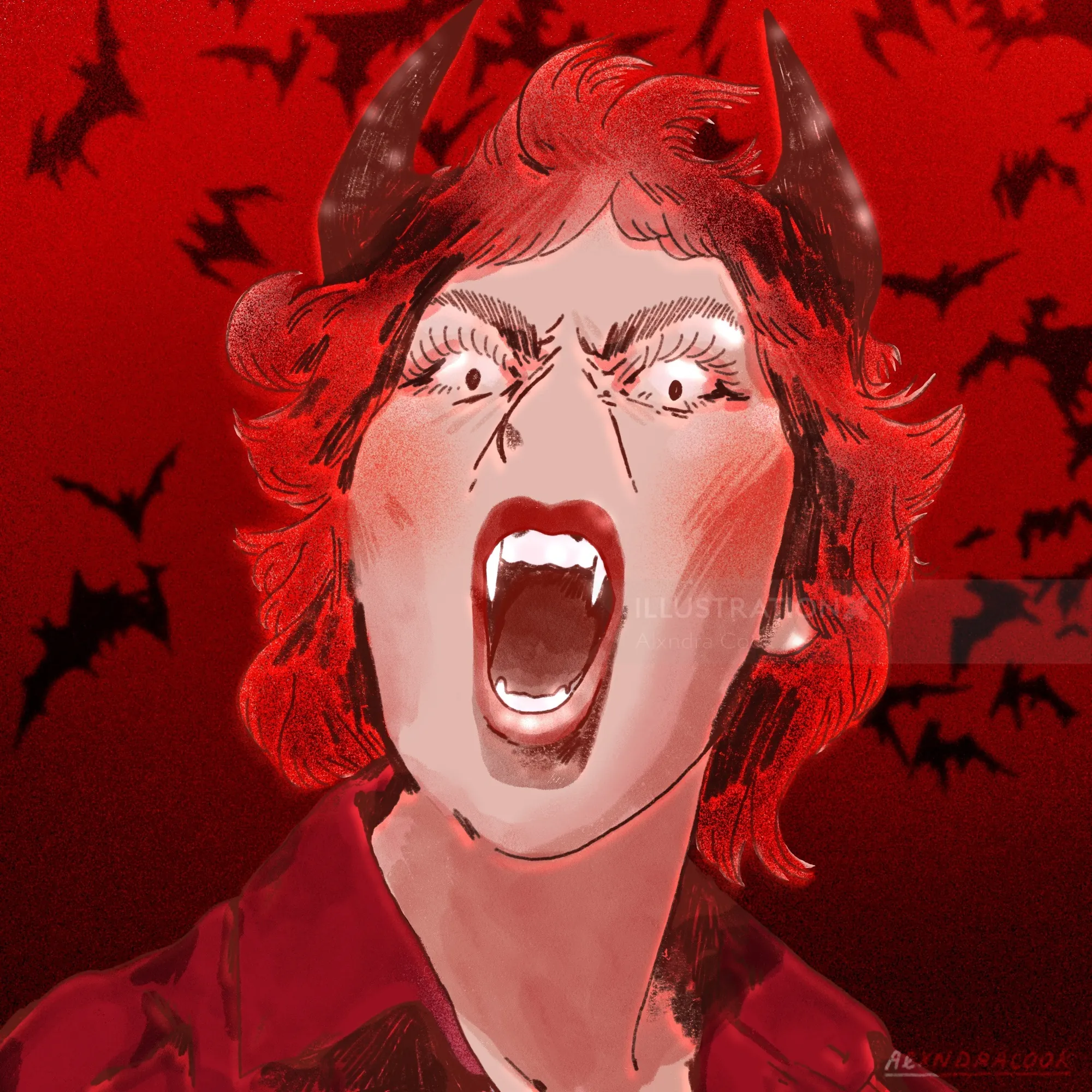 Red-haired vampire with open mouth and bats flying in red background