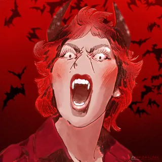 Red-haired vampire with open mouth and bats flying in red background