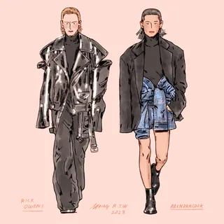 Two models walking fashion catwalk wearing oversized jackets