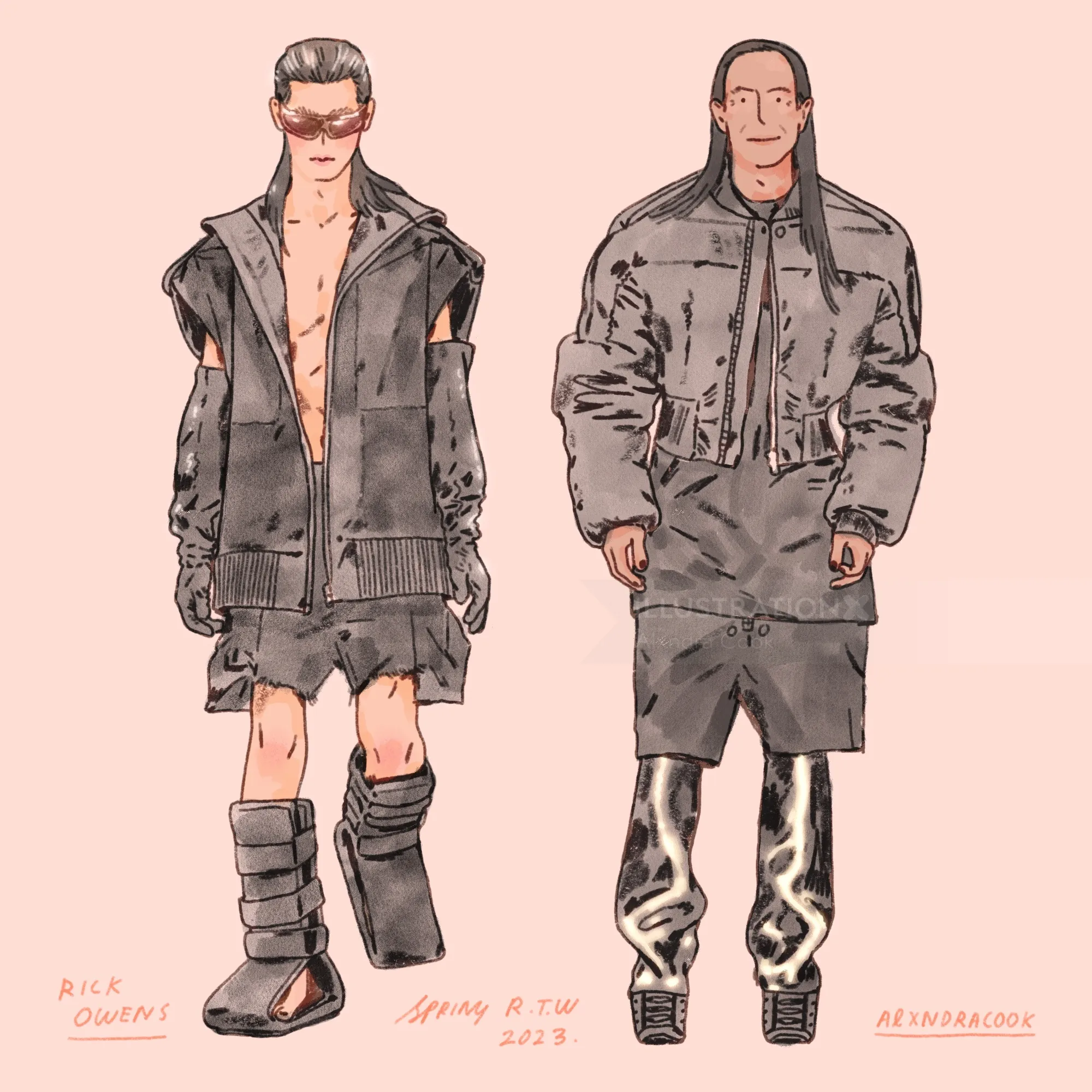 Two fashion models on catwalk wearing oversized gray outfits
