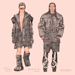 Two fashion models on catwalk wearing oversized gray outfits