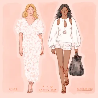 Two women walking on a fashion catwalk in spring 2024 outfits