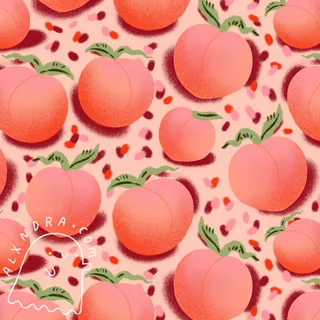 Pattern of ripe peaches with green leaves on pink background.