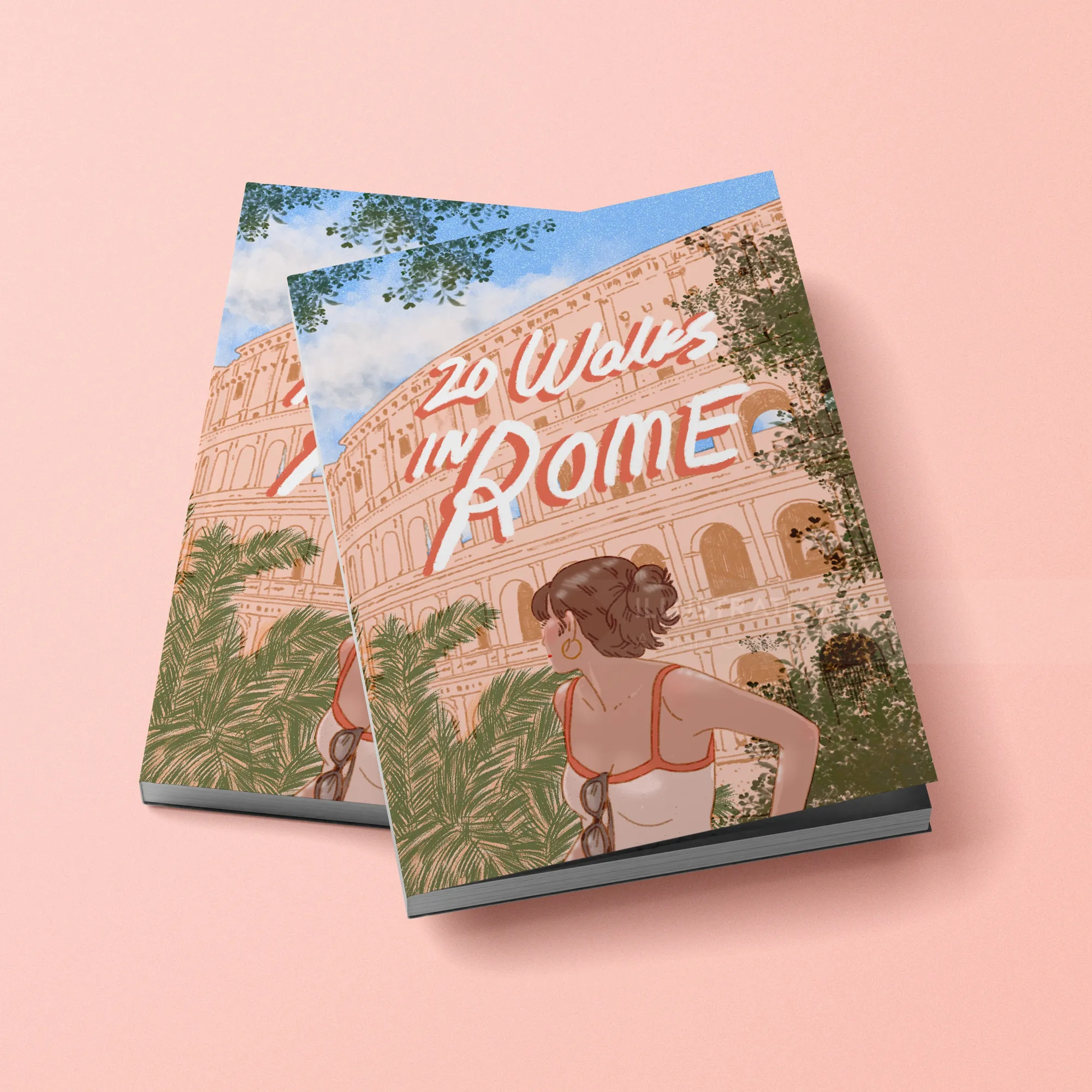 Book cover with woman and Colosseum in Rome illustration