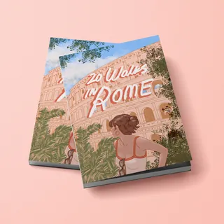 Book cover with woman and Colosseum in Rome illustration