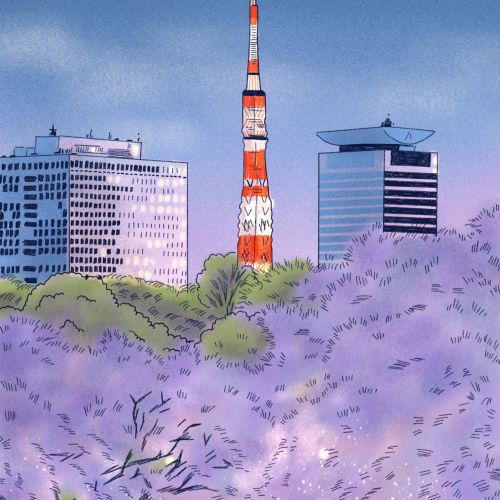 Tokyo Tower with cherry blossoms and city buildings in background