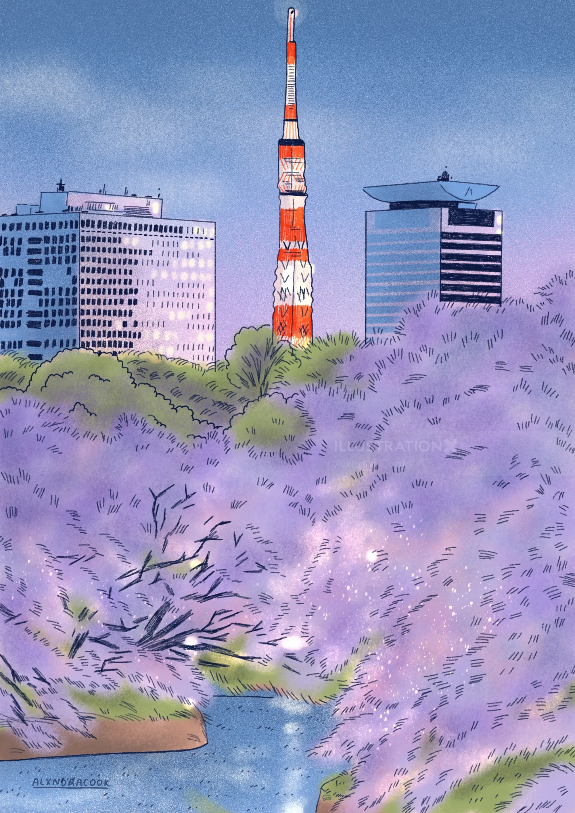 Tokyo Tower with cherry blossoms and city buildings in background