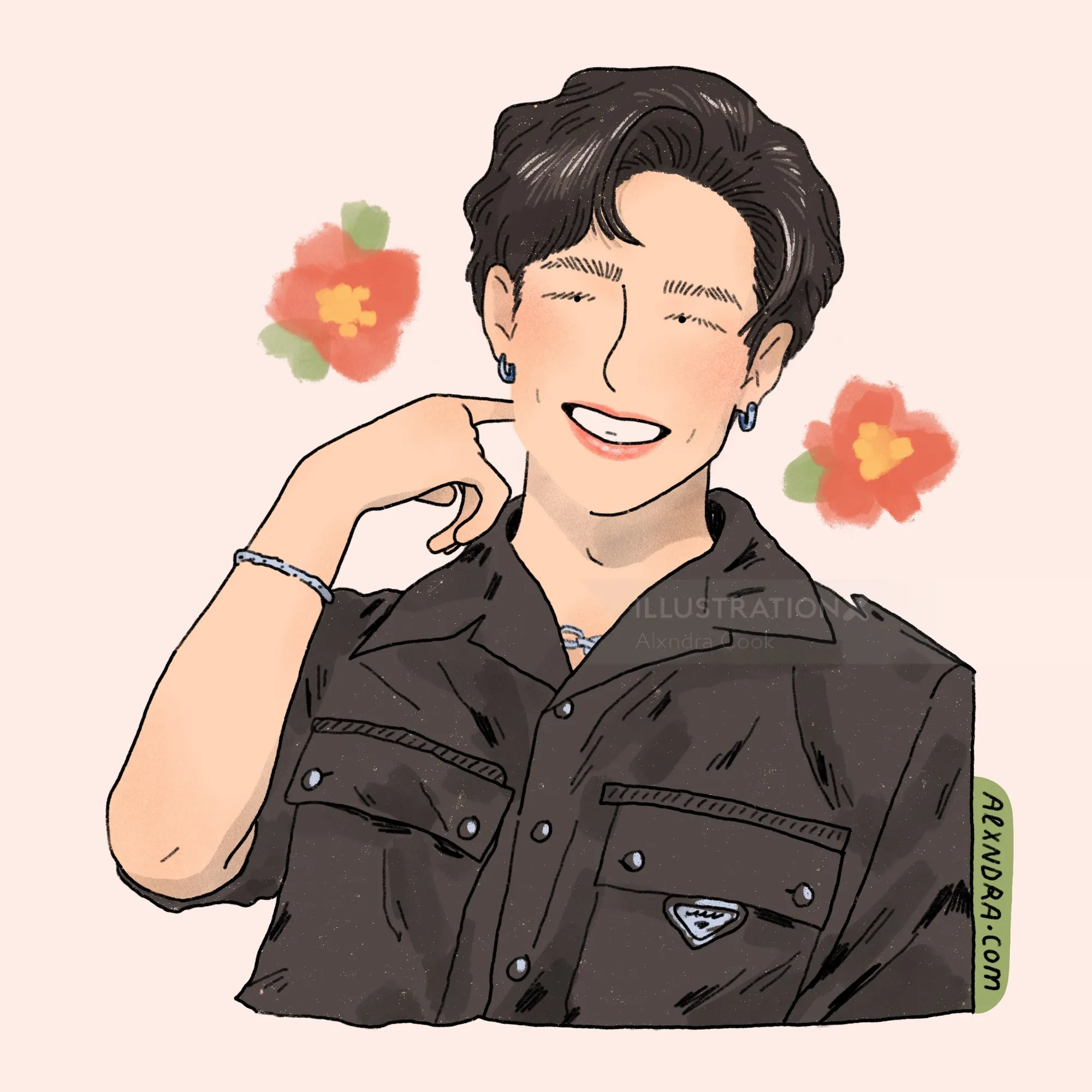 Portrait of a smiling young man wearing a black shirt with flowers behind