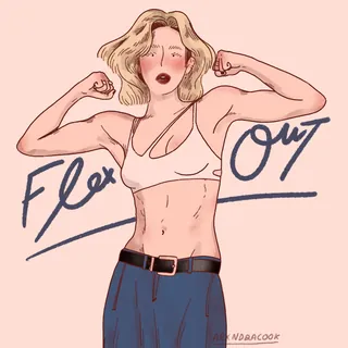 Woman flexing muscles wearing a crop top and jeans with Flex Out text