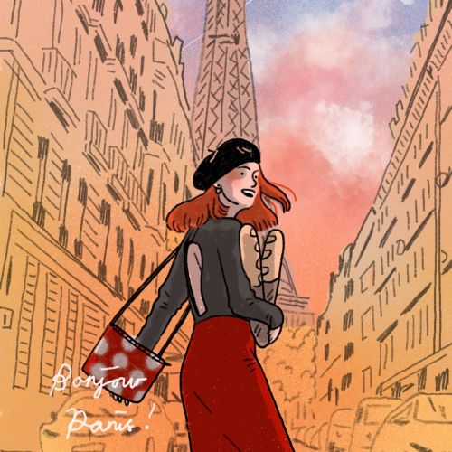 Woman walking near Eiffel Tower in Paris at sunset with pink sky