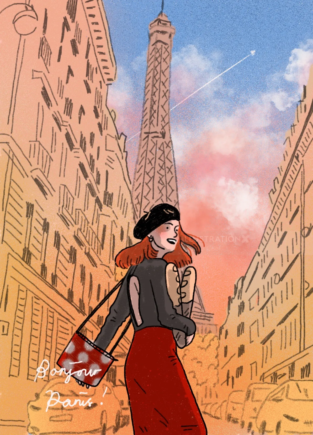 Mujer caminando cerca de la Torre Eiffel en París al atardecer con cielo rosado