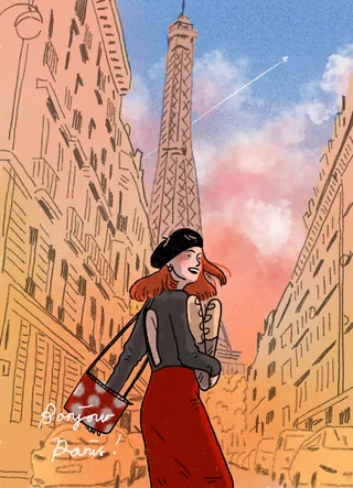 Woman walking near Eiffel Tower in Paris at sunset with pink sky