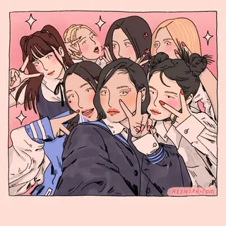 Group of seven young women posing and making peace signs in an illustration