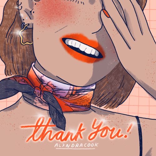 Smiling person with hand on face and thank you text