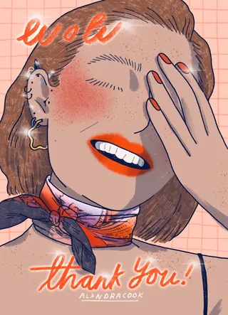 Smiling person with hand on face and thank you text