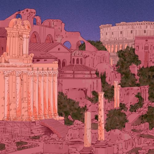 Ancient Roman ruins illuminated by moonlight with a full moon in sky