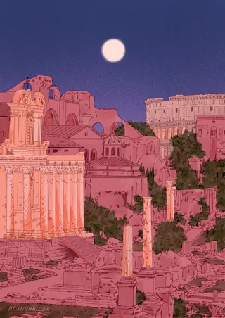 Ancient Roman ruins illuminated by moonlight with a full moon in sky