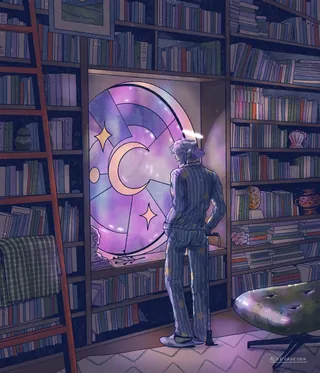 Person in pajamas looking at glowing stained glass window in a library