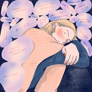 Person hugging knees surrounded by words like anxiety and social pressures