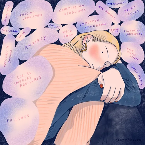 Person hugging knees surrounded by words like anxiety and social pressures