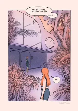 Young woman with long hair talking to a man near a modern building exterior